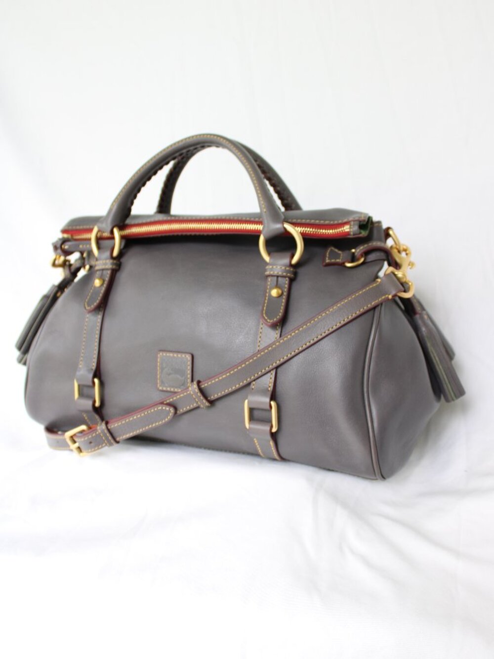 Dooney & Bourke gray leather Florentine satchel purse tassel crossbody bag L